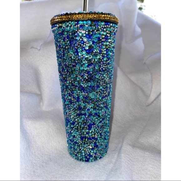 Unalome Lotus 24oz blue/gold rhinestone cup with matching screw top lid w/straw - Picture 8 of 9